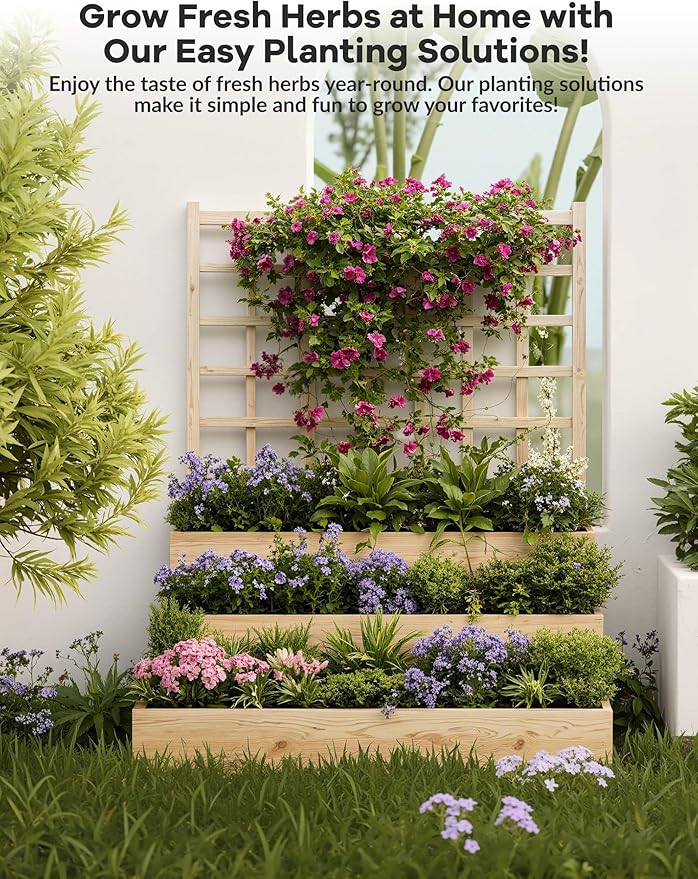 GarveeLife 3 Tier Raised Garden Bed with Trellis, Wooden Vertical Planters with Open-Ended Base for Climbing Plants Vines Flower Herb Vegetable Fruit, Outdoor Planter Boxes for Patio Yard Lawn