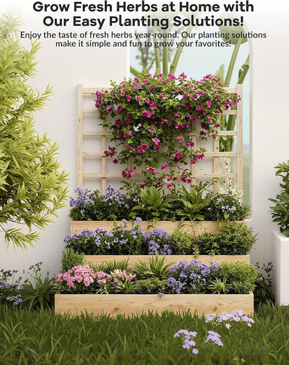 GarveeLife 3 Tier Raised Garden Bed with Trellis, Wooden Vertical Planters with Open-Ended Base for Climbing Plants Vines Flower Herb Vegetable Fruit, Outdoor Planter Boxes for Patio Yard Lawn