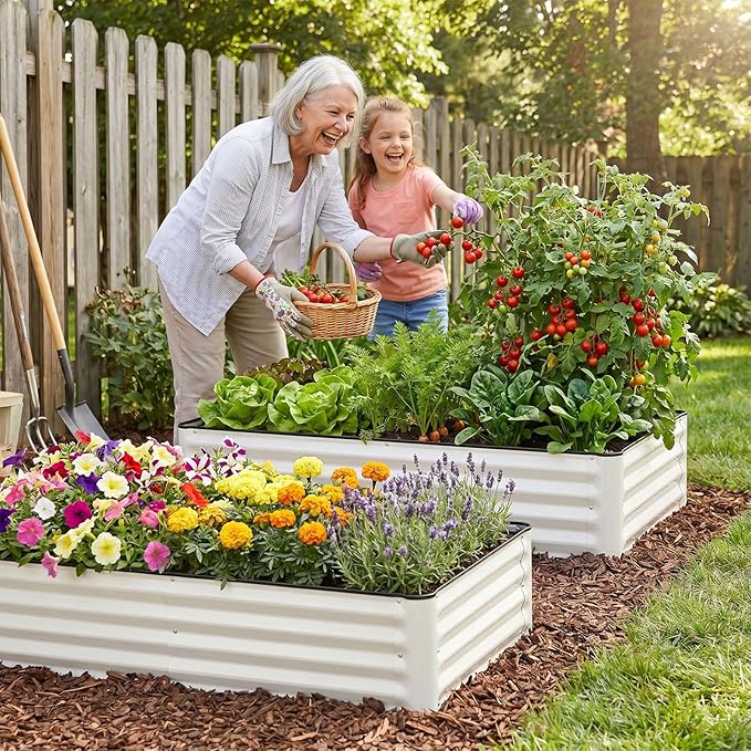 INNO STAGE Galvanized Raised Garden Bed Kits, 4x2x1ft Metal Raised Garden Beds Outdoor, Steel Raised Planter Bed with Gloves for Vegetables & Flowers Patio Ground Planter Box (White, 2PCS)