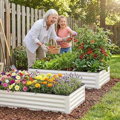 INNO STAGE Galvanized Raised Garden Bed Kits, 4x2x1ft Metal Raised Garden Beds Outdoor, Steel Raised Planter Bed with Gloves for Vegetables & Flowers Patio Ground Planter Box (White, 2PCS)