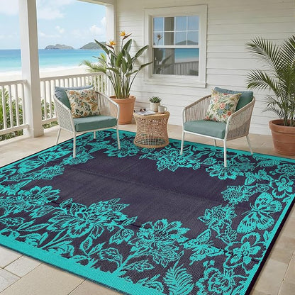 Garvee 5’x8’ Waterproof Patio Outdoor Rug, Outdoor Plastic Straw Rug for Camping, RV Mat Outside, Indoor Outdoor Carpet for Porch, Deck, Backyard, Balcony, Picnic, Dark Blue & Teal