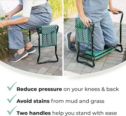 Garden Kneeler And Seat - Protects Your Knees, Clothes From Dirt & Grass Stains - Foldable Stool For Ease Of Storage - EVA Foam Pad - Sturdy and Lightweight - Bench Comes With A Free Tool Pouch!