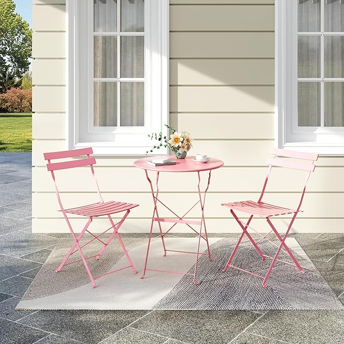 Premium Steel Frame Patio Bistro Set, 3-Piece Outdoor Folding Table and Chairs, Weather Resistant Conversation Sets of 2, Space Saving Patio Furniture for Backyard Balcony Porch Garden, Black (Pink)