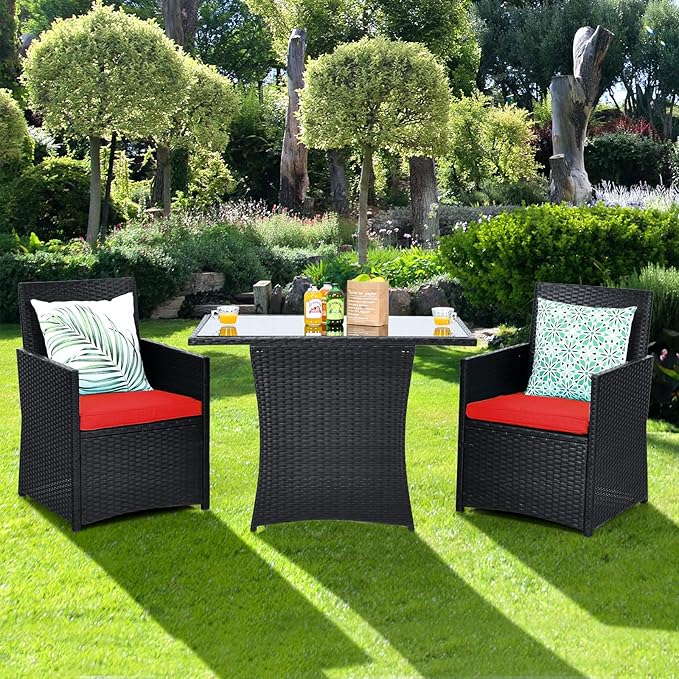 HAPPYGRILL 3-Piece Outdoor Wicker Bistro Set PE Rattan Dining Table Set with Cushioned Chairs, Patio Conversation Set for Backyard Porch Garden and Poolside