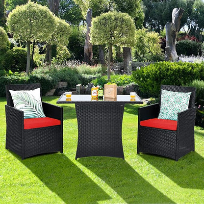 HAPPYGRILL 3-Piece Outdoor Wicker Bistro Set PE Rattan Dining Table Set with Cushioned Chairs, Patio Conversation Set for Backyard Porch Garden and Poolside