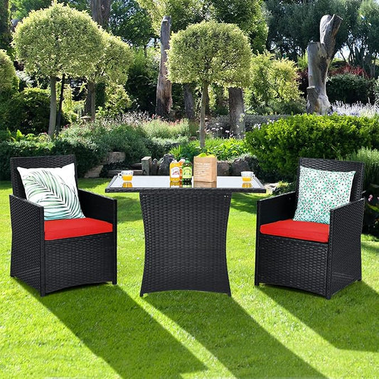 HAPPYGRILL 3-Piece Outdoor Wicker Bistro Set PE Rattan Dining Table Set with Cushioned Chairs, Patio Conversation Set for Backyard Porch Garden and Poolside