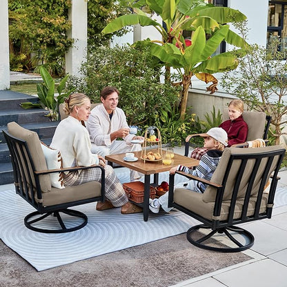 NATURAL EXPRESSIONS 5 Piece Patio Furniture Set, Outdoor Conversation with 4 Pcs Swivel Rocking Chairs and 27" Double-Layer Coffee Table 6" Thick Cushions for Balcony, Backyard, Deck, Porch (Shale)