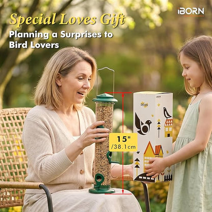 iBorn Metal Bird Feeders 6 Ports Hanging Wild Bird Seed Feeder for Mix Seed Blends, Seed Feeder, Sunflower Heart, Birdbath, Heavy Duty All Metal Green Finishing 15 Inch 6Port, Pack of 2,Gift Box