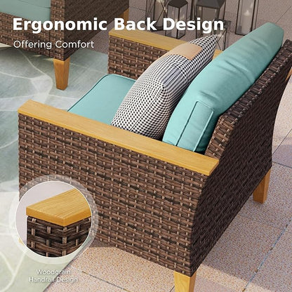 PHI VILLA 7-Piece Half Moon Patio Furniture Set with 56" Fire Pit Table, Outdoor Wicker Sectional Sofa with Cushions, Large Curved Conversation Seating for Garden or Backyard, Aqua Blue