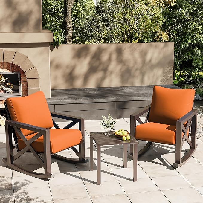 UDPATIO Rocking Chair Outdoor Set 2 with Coffee Table, 3 Piece Metal Rocking Bistro Set with 6.5" Water-Resistant Cushions, Oversized, 350lbs Heavy-Duty, for Porch, Patio, Balcony, Orange