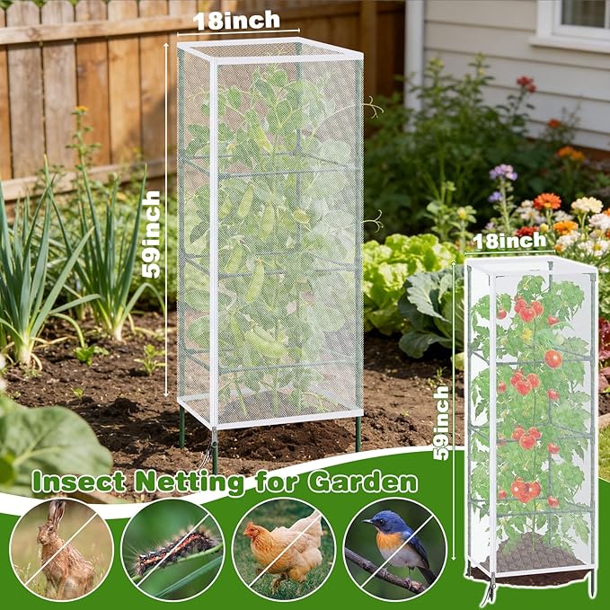 3 Pack Garden Bird Netting Plant Cover for Square Tomato Cages Protection, 59"x18" Insect Bird Barrier Garden Plant Netting Tomato Trellis Protective Cover with Zipper & Drawstring