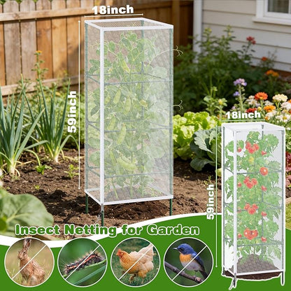3 Pack Garden Bird Netting Plant Cover for Square Tomato Cages Protection, 59"x18" Insect Bird Barrier Garden Plant Netting Tomato Trellis Protective Cover with Zipper & Drawstring