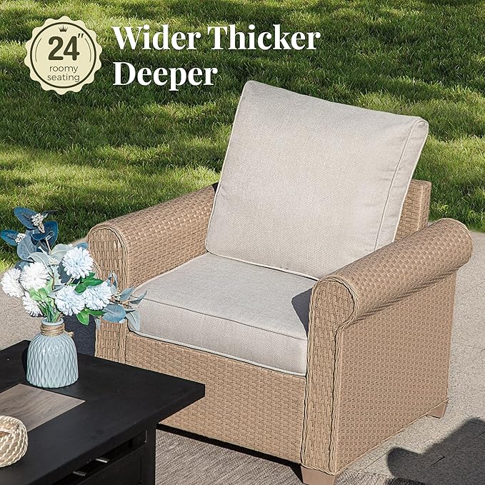 Patio Furniture Set 6 pcs, Wicker Outdoor Patio Furniture, 3-Seat Sofa, 4 Single Chairs and 56" Gas Fire Pit Table, Rattan Patio Conversation Set for Backyard Deck, Beige