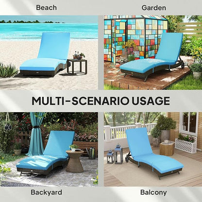Outsunny Wicker Chaise Lounge Chair Outdoor with Wheels & Cushion, PE Rattan Patio Lounge Chair with 5-Level Adjustable Backrest for Poolside, Garden, Sky Blue