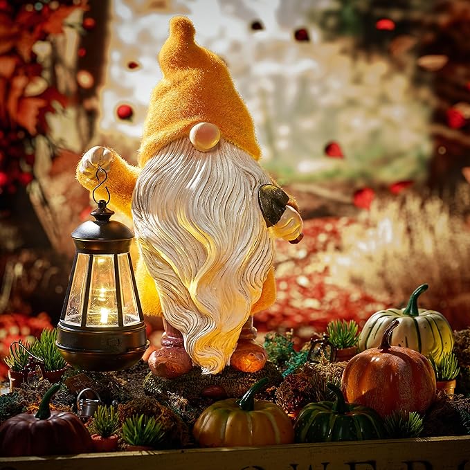 TERESA'S COLLECTIONS Fall Decor, Fall Gnome Decor, Autumn Garden Gnomes Holding Lantern with Solar Lights,Waterproof Resin Outdoor Fall Decor, Fall Gifts Outdoor/Indoor,8"