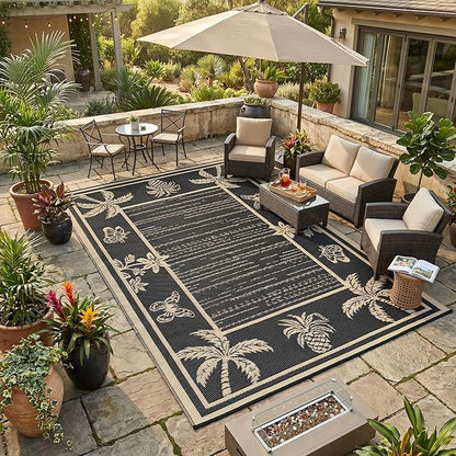 Garvee Outdoor Rug 8x10 Waterproof for Patios, Reversible Plastic Straw Rug, Tropical Leaf Indoor Outdoor Rugs, Large Area Rug for RV, Camping, Deck, Picnic Mat, Outside Carpet