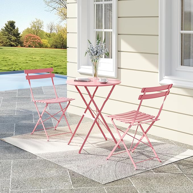 Premium Steel Frame Patio Bistro Set, 3-Piece Outdoor Folding Table and Chairs, Weather Resistant Conversation Sets of 2, Space Saving Patio Furniture for Backyard Balcony Porch Garden, Black (Pink)