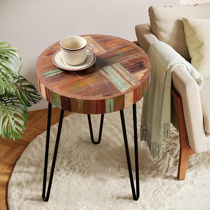 Wood Multi Color Side Table 16" x 16" x 21.5" H Farmhouse Reclaimed Wooden Coffee Tables Round Vintage Accent Rustic Plant Stand Outdoor Patio End Tables for Living Room Bedroom