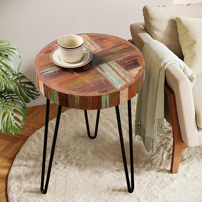 Wood Multi Color Side Table 16" x 16" x 21.5" H Farmhouse Reclaimed Wooden Coffee Tables Round Vintage Accent Rustic Plant Stand Outdoor Patio End Tables for Living Room Bedroom