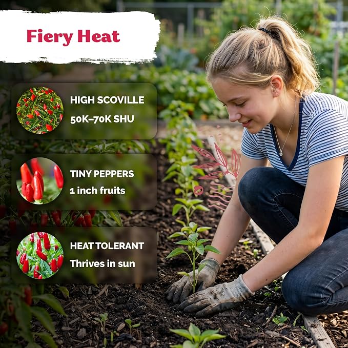 KVITER 55 Hot Pequin Pepper Seeds (Capsicum Annuum) Chile Piquin, Spicy, Heat Tolerant, Heirloom, Non GMO Seed Packets - Annual Vegetable Seeds for Containers, Greenhouses, Vegetable Garden