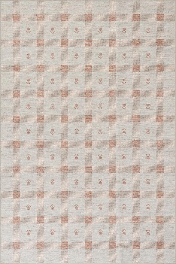 Dash & Albert Zale Peach Machine Washable Rug, 4 X 6 Feet, Oranges/White Plaid Pattern