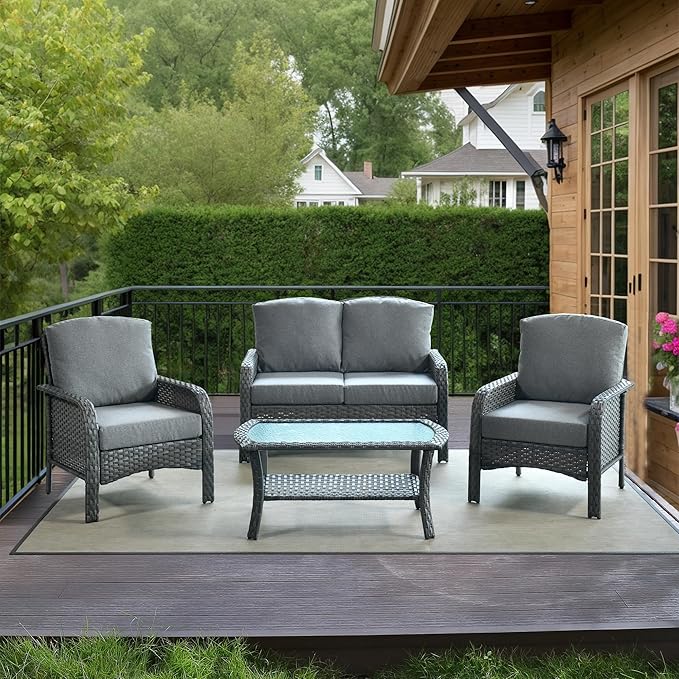 HOOOWOOO Patio Furniture Set,4 Pieces Outdoor Conversation Set,All Weather Wicker Loveseat Sofa Set with High Back Chairs Table,Dark Gray
