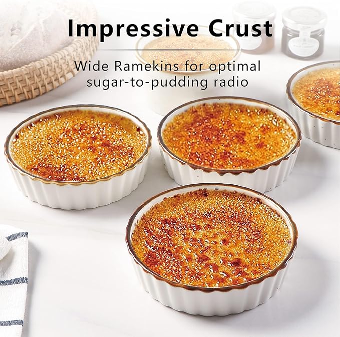 ONEMORE Ramekins 4 oz - Oven Safe Shallow Ramekins with Brown Rim for Creme Brulee - Speckled, Fluted, Set of 6