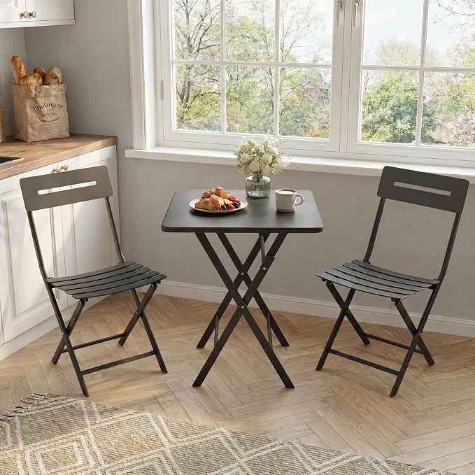 GarveeLife 3 Piece Outdoor Bistro Set, All Metal Patio Table and Chairs Set, Round Tube Iron Bistro Furniture Set for Balcony Porch Garden Cafe, Weather Resistant