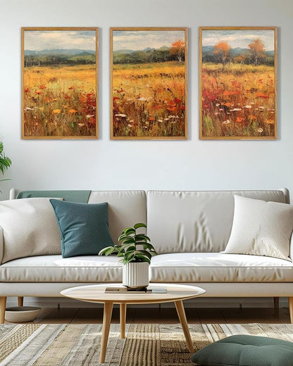 UPWOIGH Large Framed Canvas Wall Art, Set of 3 Gold Vintage Autumn Prints, 16x24 in Natural Cotton Posters with Wildflowers, Botanical Farmhouse Style for Living Room, Bedroom, Dining Room, Office