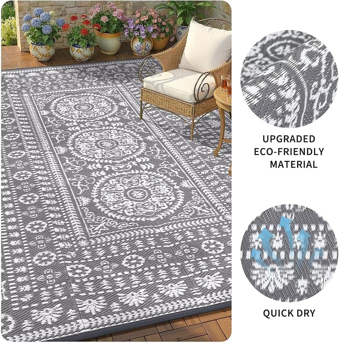 Garvee Reversible Outdoor Rug 9x12 for Patio, Waterproof Outdoor Area Rug, Modern Medallion Indoor Outdoor Rugs, Plastic Straw Rug for RV, Camping, Deck, Vintage Grey