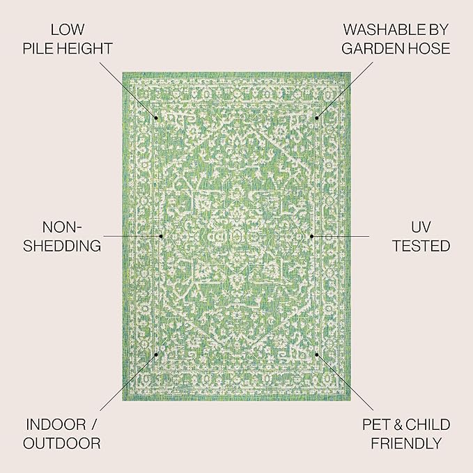 JONATHAN Y Boho Medallion Indoor Outdoor Area Rug 4X6 Cream/Green, Malta Textured Weave for Backyard, Patio, Porch, Easy-Cleaning, High Traffic, Pet-Friendly, Non-Shedding (SMB104F-4)