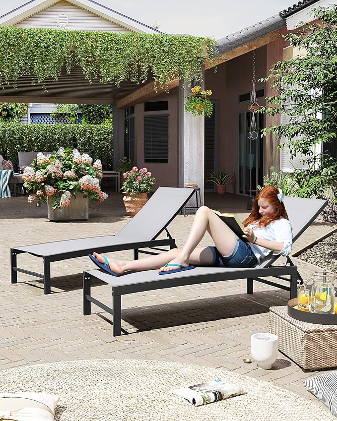 Crestlive Products Aluminum Adjustable Chaise Lounge Chair Outdoor Five-Position Recliner, Curved Design, All Weather for Patio, Beach, Yard, Pool (2 PCS Light Gray)