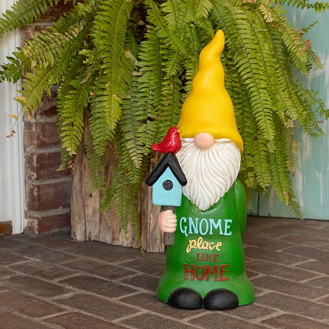 Alpine Corporation 24" Tall Outdoor Yellow Hat Place Like Home Gnome Statue Holding Bird House, Weatherproof Garden Decor