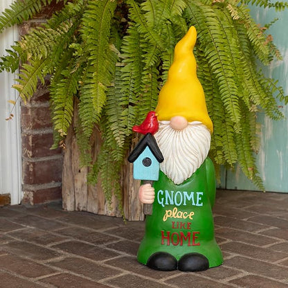 Alpine Corporation 24" Tall Outdoor Yellow Hat Place Like Home Gnome Statue Holding Bird House, Weatherproof Garden Decor