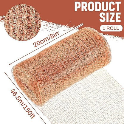 Gisafai 8'' x 150 ft Copper Mesh Rodent Control Copper Wool for Slugs Rustproof DIY Hole Filler Pure Wire Mesh for Bat Snail Bird Pest Rodent Control Gap Blocker Fill Fabric Hole Gardening(1 Roll)
