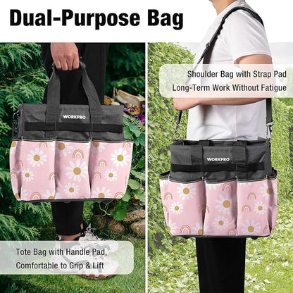 WORKPRO Garden Tool Bag Organizer, Heavy Duty Gardening Tote Bag with 10 Pockets and Long Adjustable Shoulder Strap, Standable Garden Home Tool Kits Organizer, Floral Pink - Pink Ribbon