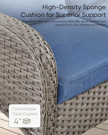 HUMMUH 6 Pieces Outdoor Patio Furniture-PE Rattan Wicker Sofa with Patio Swivel Rocking Chairs Patio Furniture for Deck Lawn Porch Balcony Poolside-Grey/Blue