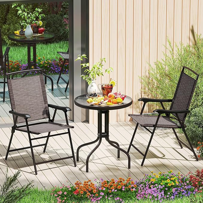 S AFSTAR 3-Piece Bistro Set, Patio Furniture Set for Outdoor Poolside Balcony Garden Yard, 28" H Outdoor Round Table and 2-Pack Folding Chairs, 3PCS Bistro Dining Furniture Set