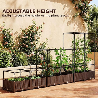 Outsunny Raised Garden Bed with Trellis, 46.5" Tomato Cage with Crop Cage, Self Watering Planter Box with Drainage Holes and Plugs for Outdoor Patio Climbing Plants, Vines, Vegetables, Flowers, White
