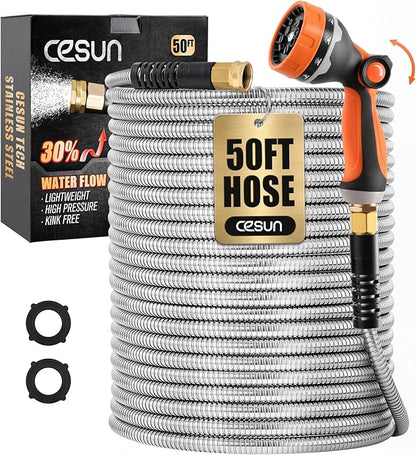 Cesun 50 ft Metal Garden Hose, Stainless Steel Heavy Duty Water Hose With 10 Function Nozzle, No Kink & Flexible, Lightweight and Durable, Rust Proof for Yard, RV, Pet Bath, Outdoor, 50 foot x 5/8"
