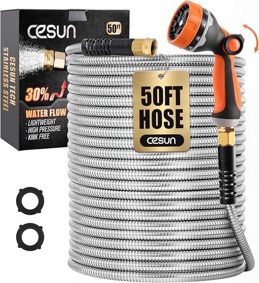 Cesun 50 ft Metal Garden Hose, Stainless Steel Heavy Duty Water Hose With 10 Function Nozzle, No Kink & Flexible, Lightweight and Durable, Rust Proof for Yard, RV, Pet Bath, Outdoor, 50 foot x 5/8"