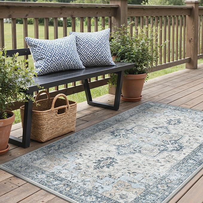 GENIMO Outdoor & Indoor Area Rug 3'x 5', Waterproof, Non-Shedding, Easy Cleaning, Boho Mat for Patio, Living Room, Balcony, Dining Room, RV, Deck, Bedroom, Camping, Outside Carpet,Blue
