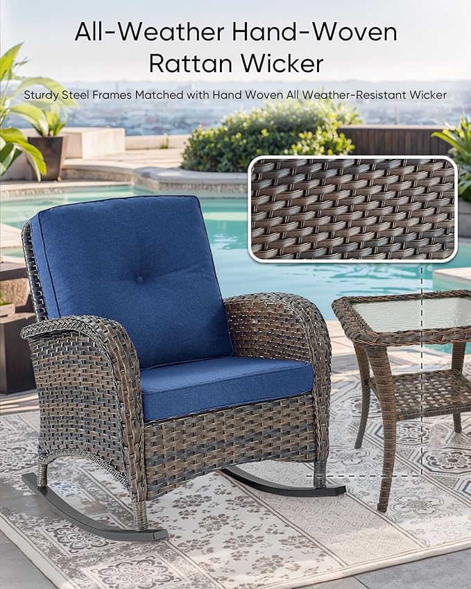 HUMMUH 3-Piece Outdoor Rocking Chairs,All-Weather PE Wicker Patio Rocker Chairs Bistro Set with Side Table,Porch Balcony Furniture with Cushions