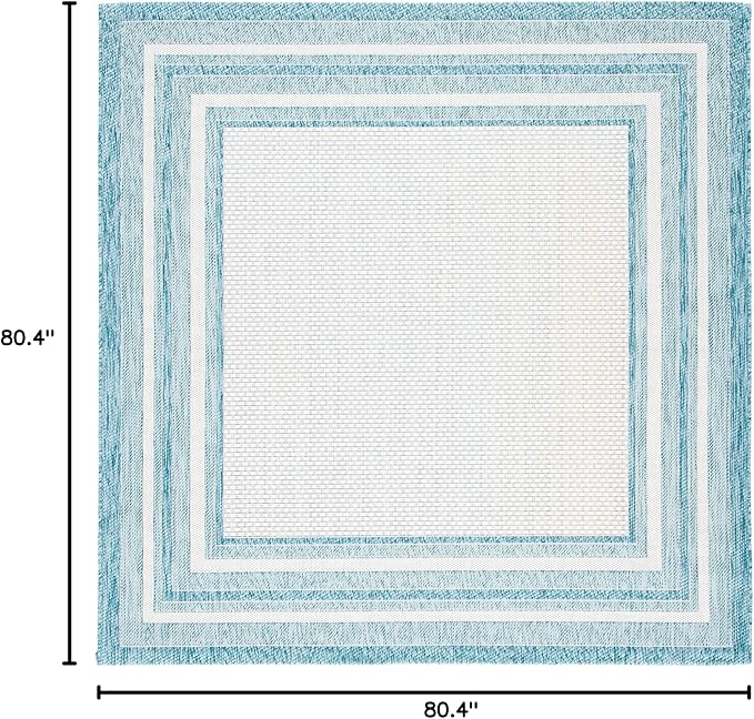 SAFAVIEH Washable Rug Outdoor Courtyard Collection - 6'7" Square, Ivory & Aqua Blue, Non-Shedding & Easy Cleaning, Ideal for Patio, Backyard, Mudroom (CY8475-53612)