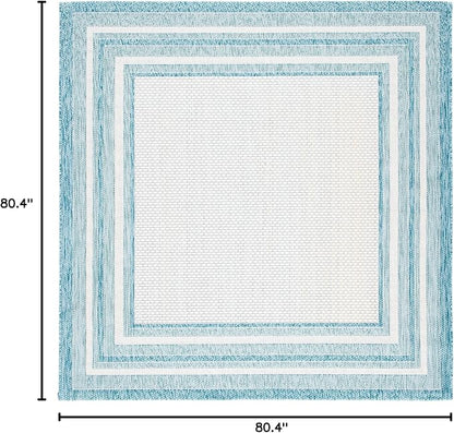 SAFAVIEH Washable Rug Outdoor Courtyard Collection - 6'7" Square, Ivory & Aqua Blue, Non-Shedding & Easy Cleaning, Ideal for Patio, Backyard, Mudroom (CY8475-53612)