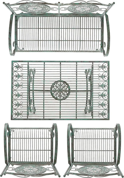 SAFAVIEH Outdoor Collection Sophie Victorian Scroll Antique Dark Green Wrought Iron 4-Piece Patio Set