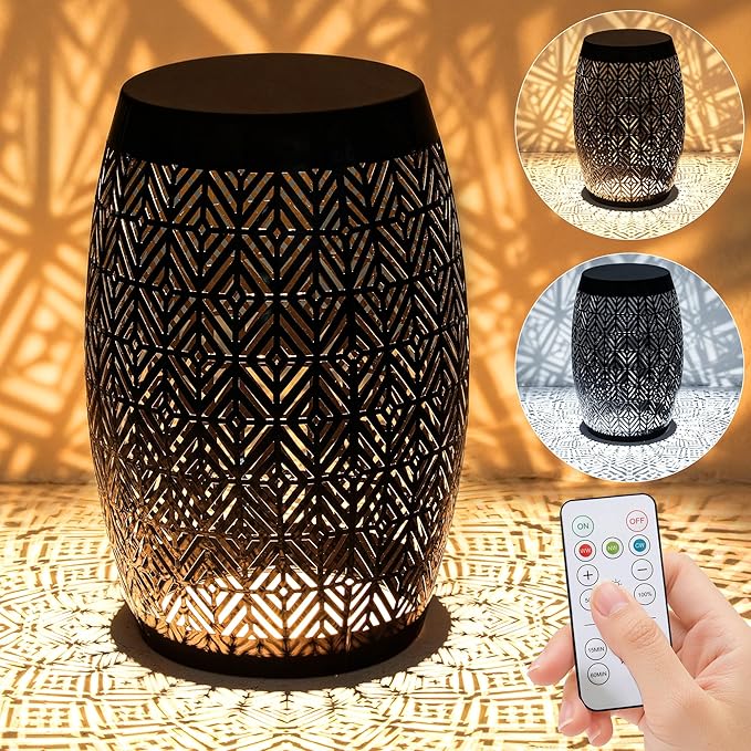 18" Cutout Metal Outdoor Side Table with 3-Mode LED Lights, Modern Decorative Drum End Table, Versatile Coffee Table/Garden Stool/Night Stand/Plant Stand for Patio, Living Room, Bedroom