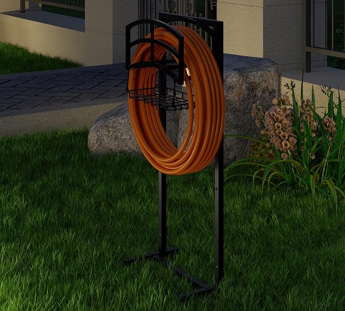 Fire Beauty Heavy-Duty Portable Garden Hose Holder with Storage Basket,120+ lbs Capacity, Holds 180ft 1/2" Hose,Dual Support Rods & Rustproof Screws,Modern Geometric Design