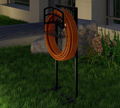 Fire Beauty Heavy-Duty Portable Garden Hose Holder with Storage Basket,120+ lbs Capacity, Holds 180ft 1/2" Hose,Dual Support Rods & Rustproof Screws,Modern Geometric Design
