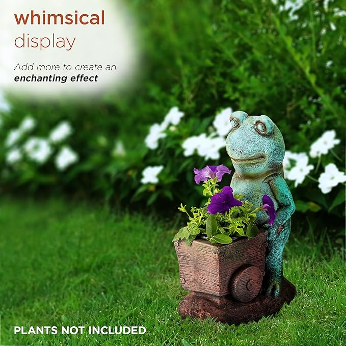 Alpine Corporation ZEN716 Outdoor Frog Pushing Wagon Planter, Garden Statue Decoration, 15" Tall, Green